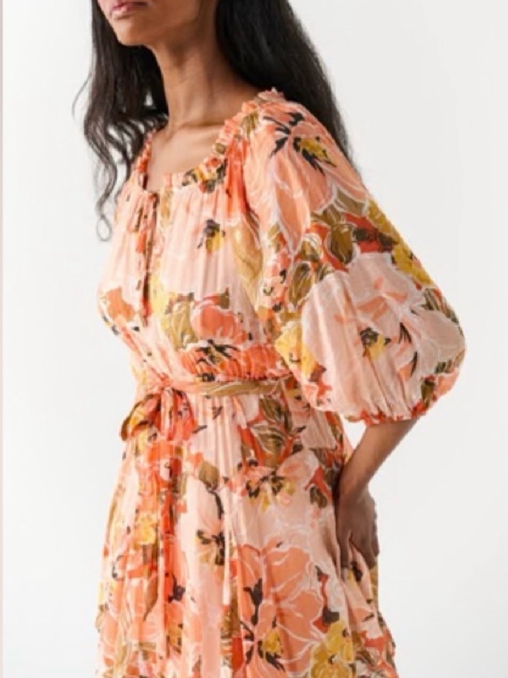 MinkPink Peasant-Sleeve Floral Midi Dress in Peach